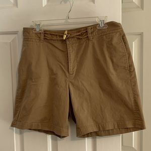100% cotton shorts, warm tan, Lauren brand waist detail.